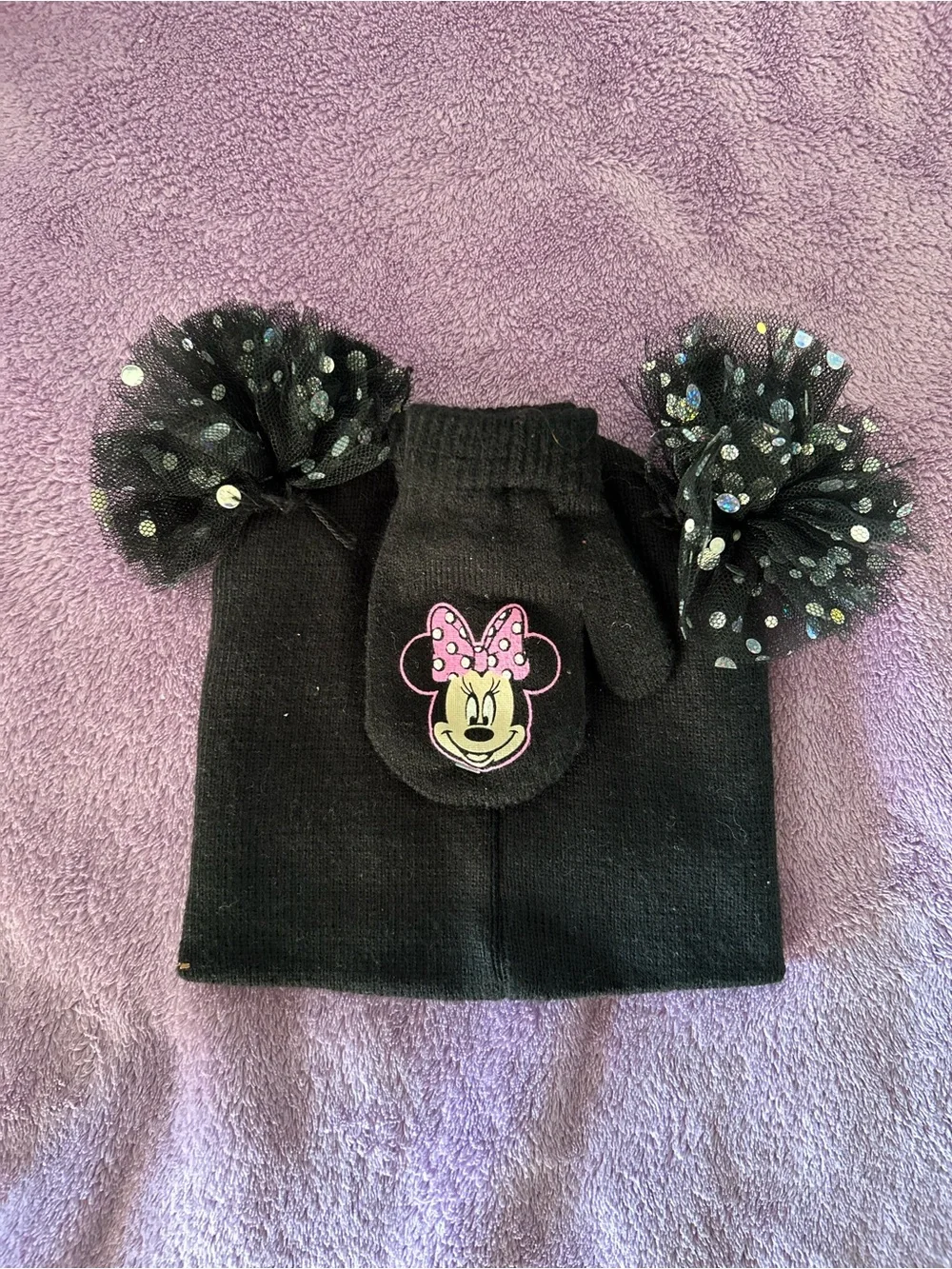 Girl's Minnie Mouse Face Beanie Cap Hat Glove Mitten Combo NEW Cold Weather Set